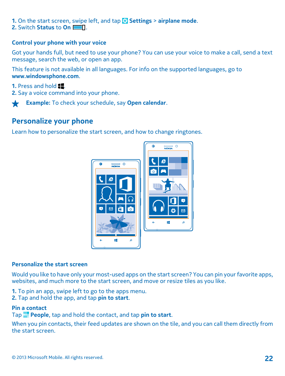 Control your phone with your voice, Personalize your phone, Personalize the start screen | Nokia Lumia 925 User Manual | Page 22 / 123