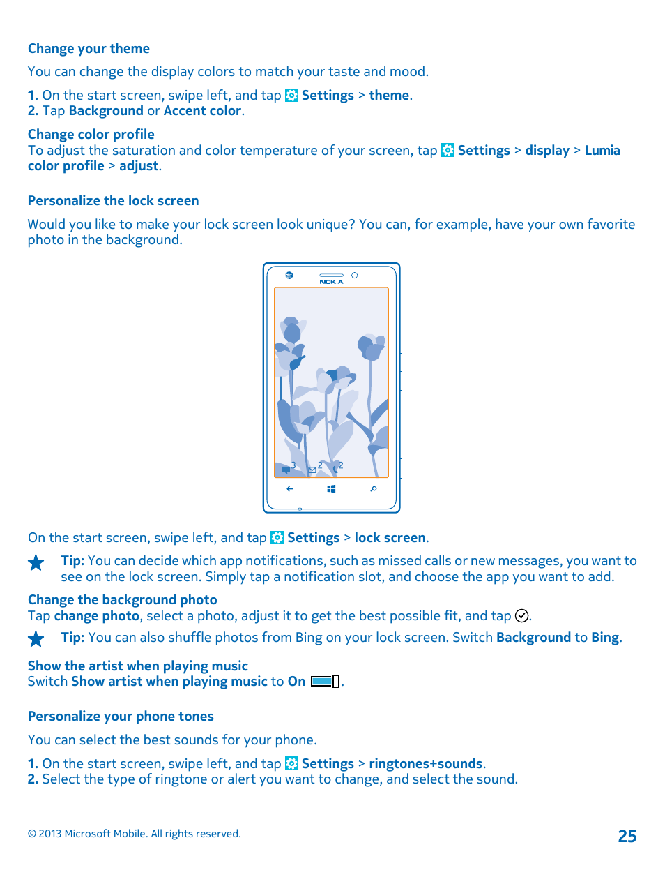 Change your theme, Personalize the lock screen, Personalize your phone tones | Nokia Lumia 925 User Manual | Page 25 / 123