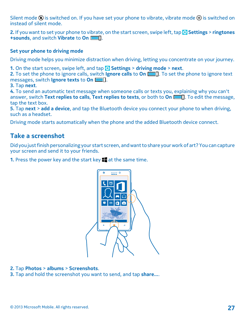 Set your phone to driving mode, Take a screenshot | Nokia Lumia 925 User Manual | Page 27 / 123