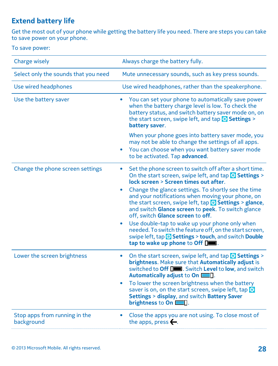 Extend battery life | Nokia Lumia 925 User Manual | Page 28 / 123