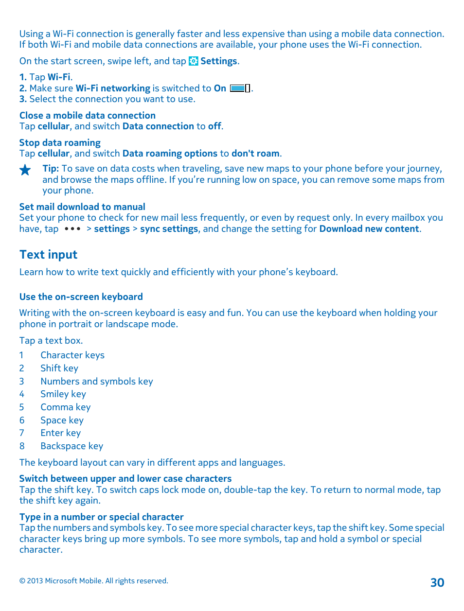 Text input, Use the on-screen keyboard | Nokia Lumia 925 User Manual | Page 30 / 123