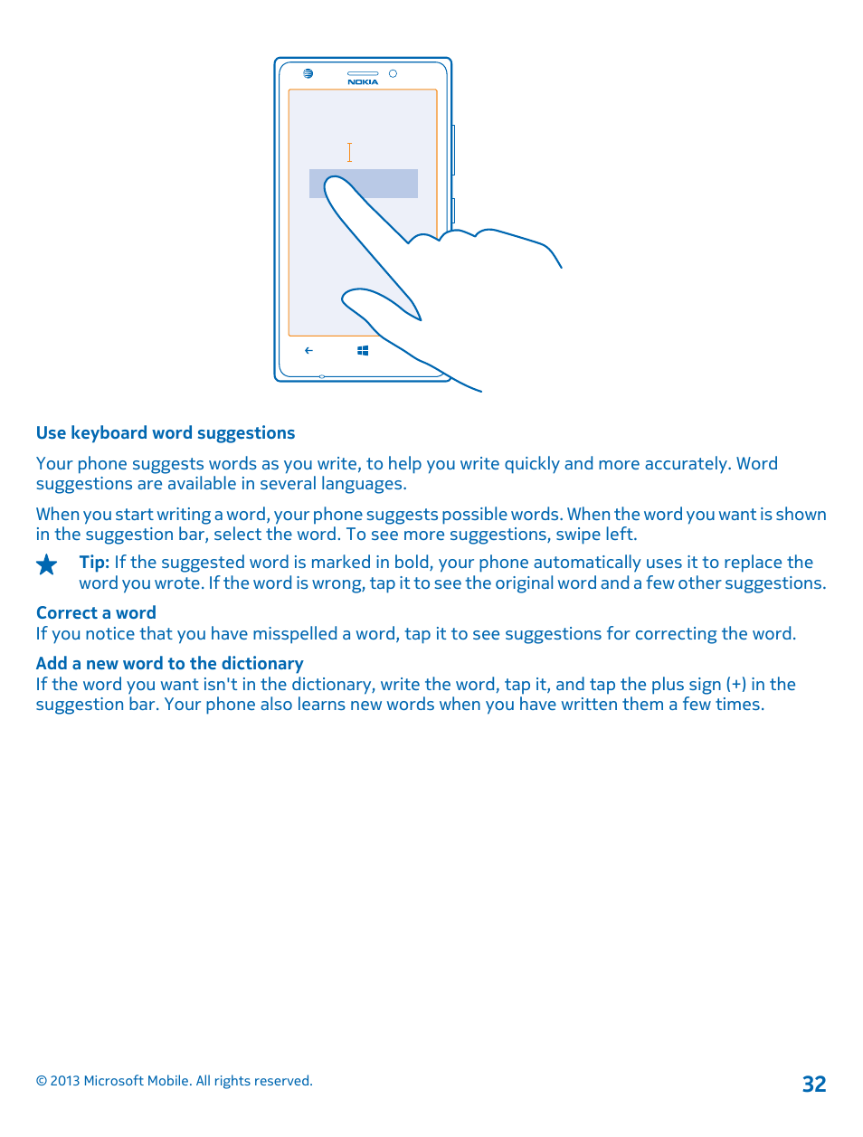 Use keyboard word suggestions | Nokia Lumia 925 User Manual | Page 32 / 123