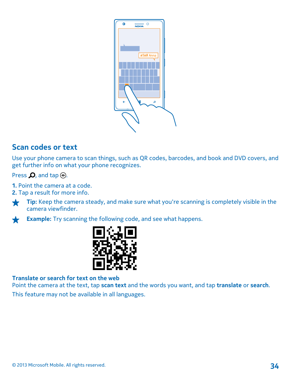 Scan codes or text | Nokia Lumia 925 User Manual | Page 34 / 123