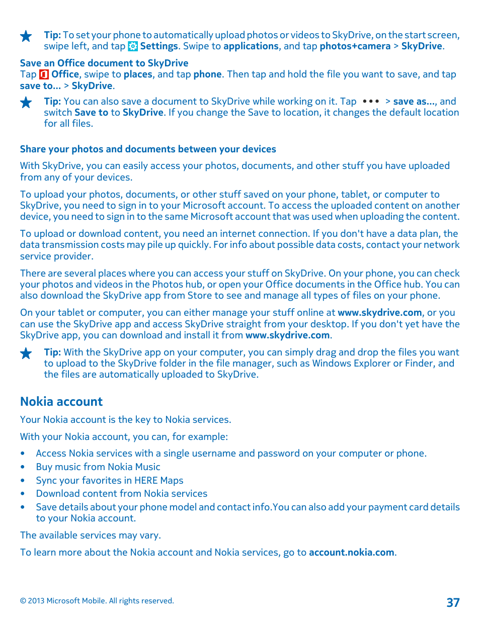 Nokia account | Nokia Lumia 925 User Manual | Page 37 / 123