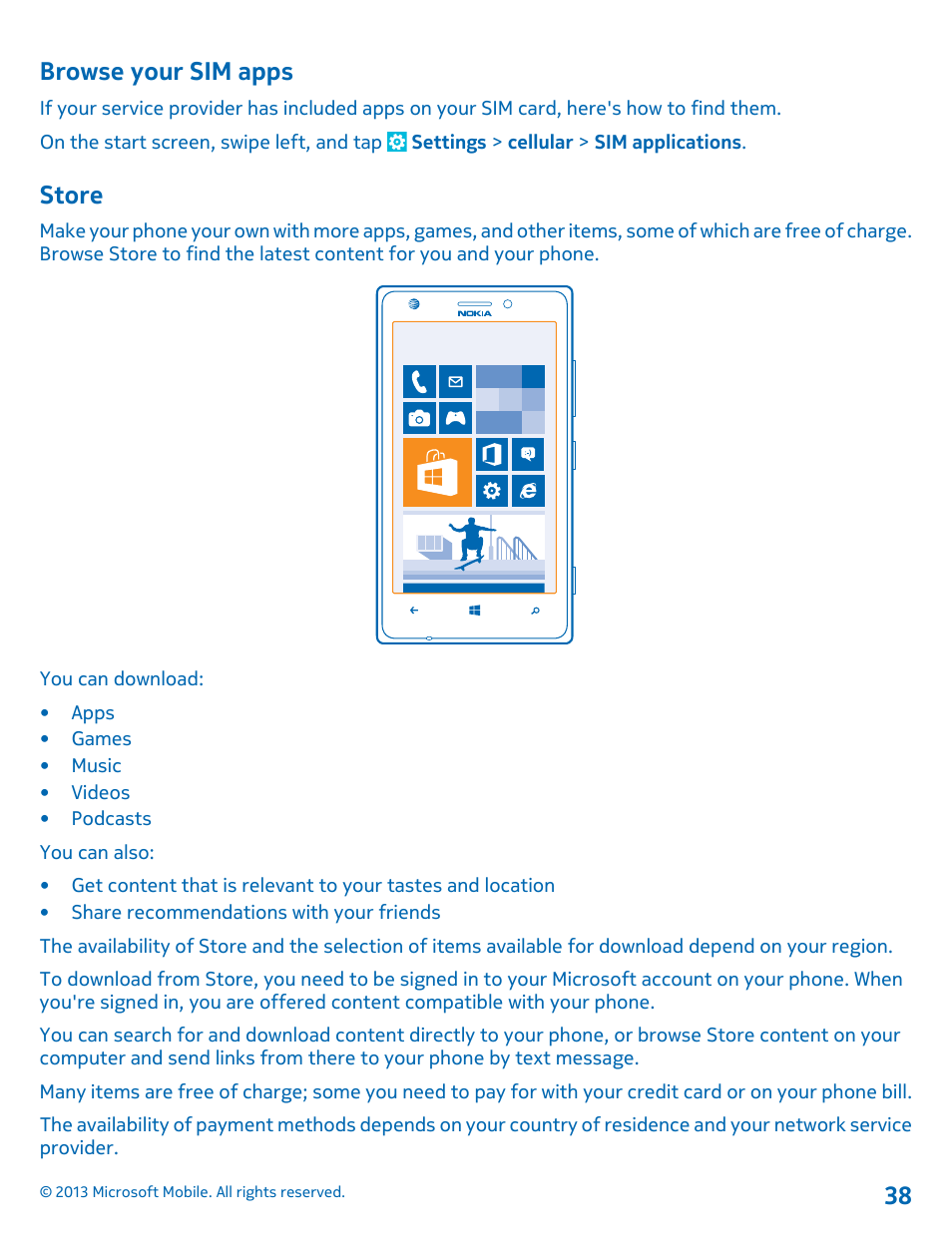 Browse your sim apps, Store | Nokia Lumia 925 User Manual | Page 38 / 123