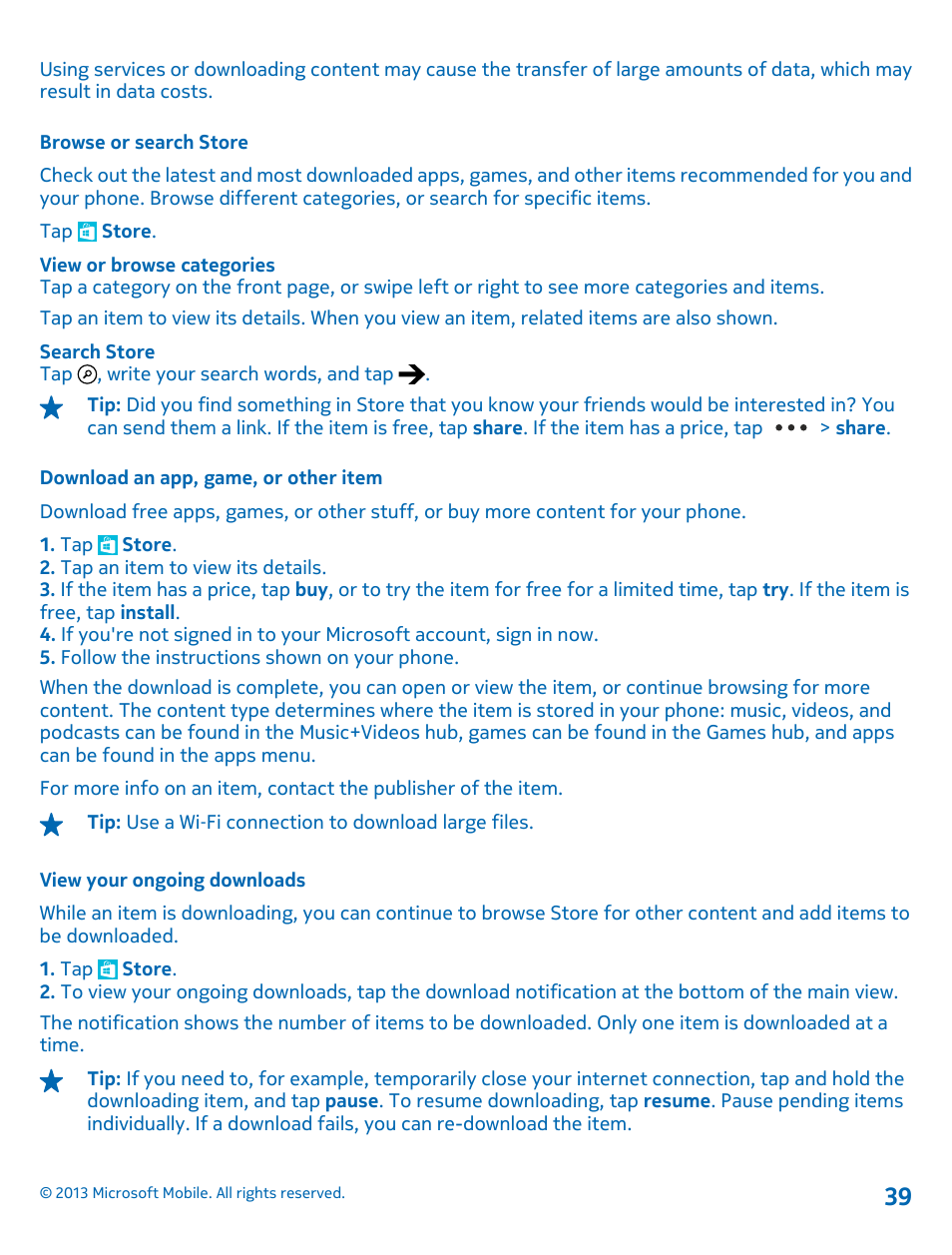 Browse or search store, Download an app, game, or other item, View your ongoing downloads | Nokia Lumia 925 User Manual | Page 39 / 123