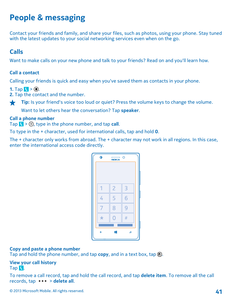 People & messaging, Calls, Call a contact | Nokia Lumia 925 User Manual | Page 41 / 123