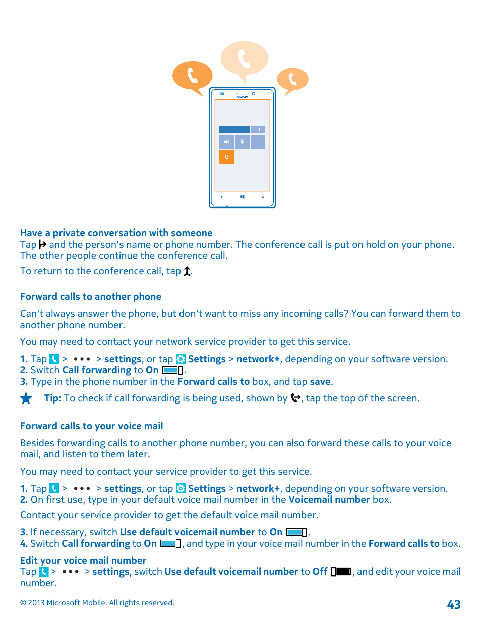 Forward calls to another phone, Forward calls to your voice mail | Nokia Lumia 925 User Manual | Page 43 / 123