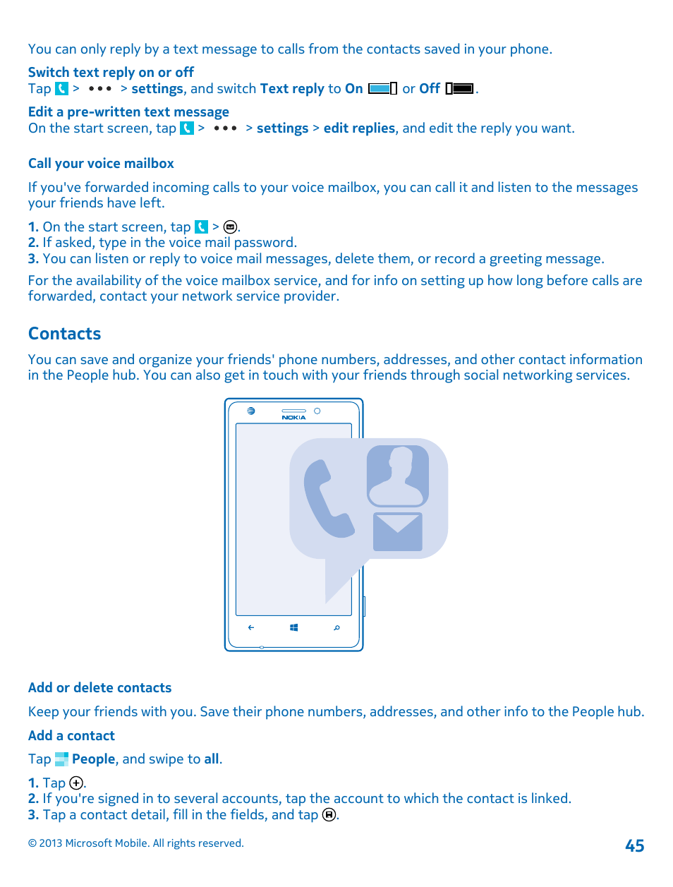 Call your voice mailbox, Contacts, Add or delete contacts | Nokia Lumia 925 User Manual | Page 45 / 123