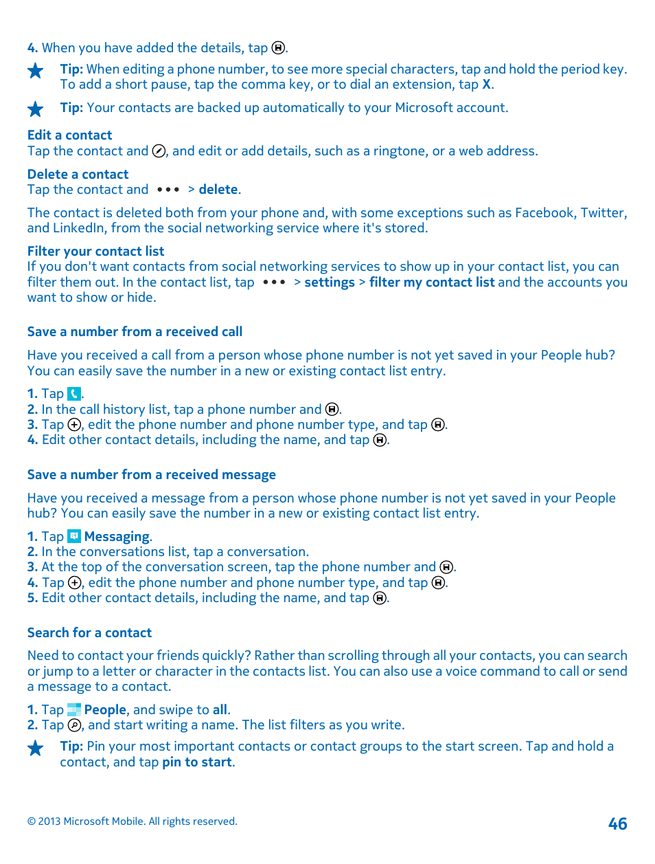 Save a number from a received call, Save a number from a received message, Search for a contact | Nokia Lumia 925 User Manual | Page 46 / 123