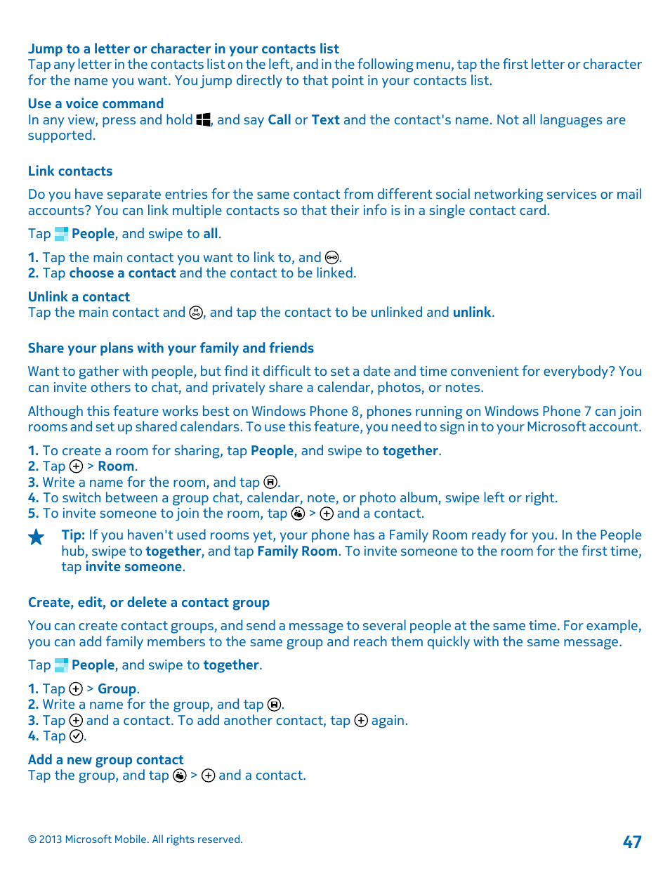 Link contacts, Share your plans with your family and friends, Create, edit, or delete a contact group | Nokia Lumia 925 User Manual | Page 47 / 123