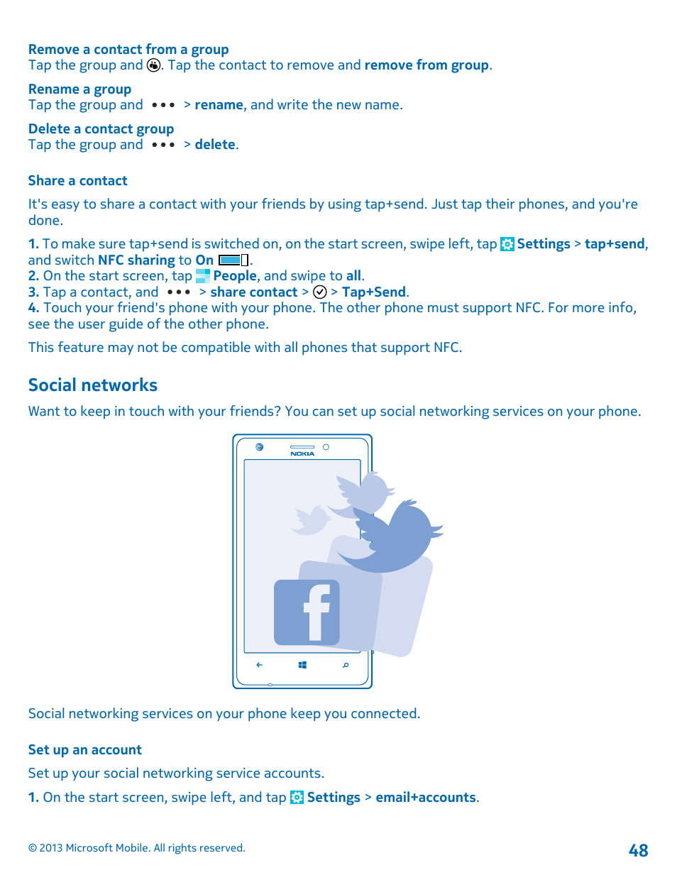 Share a contact, Social networks, Set up an account | Nokia Lumia 925 User Manual | Page 48 / 123