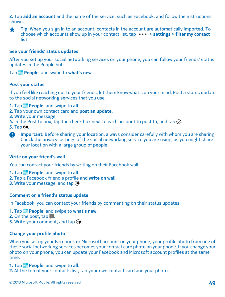 See your friends' status updates, Post your status, Write on your friend's wall | Comment on a friend's status update, Change your profile photo | Nokia Lumia 925 User Manual | Page 49 / 123