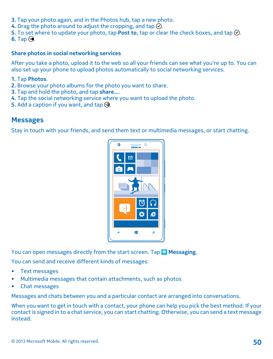 Share photos in social networking services, Messages | Nokia Lumia 925 User Manual | Page 50 / 123