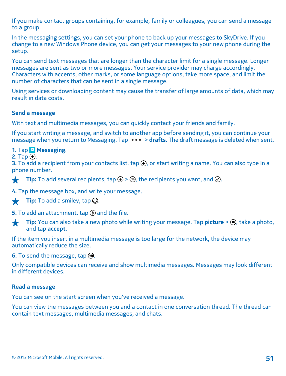 Send a message, Read a message | Nokia Lumia 925 User Manual | Page 51 / 123