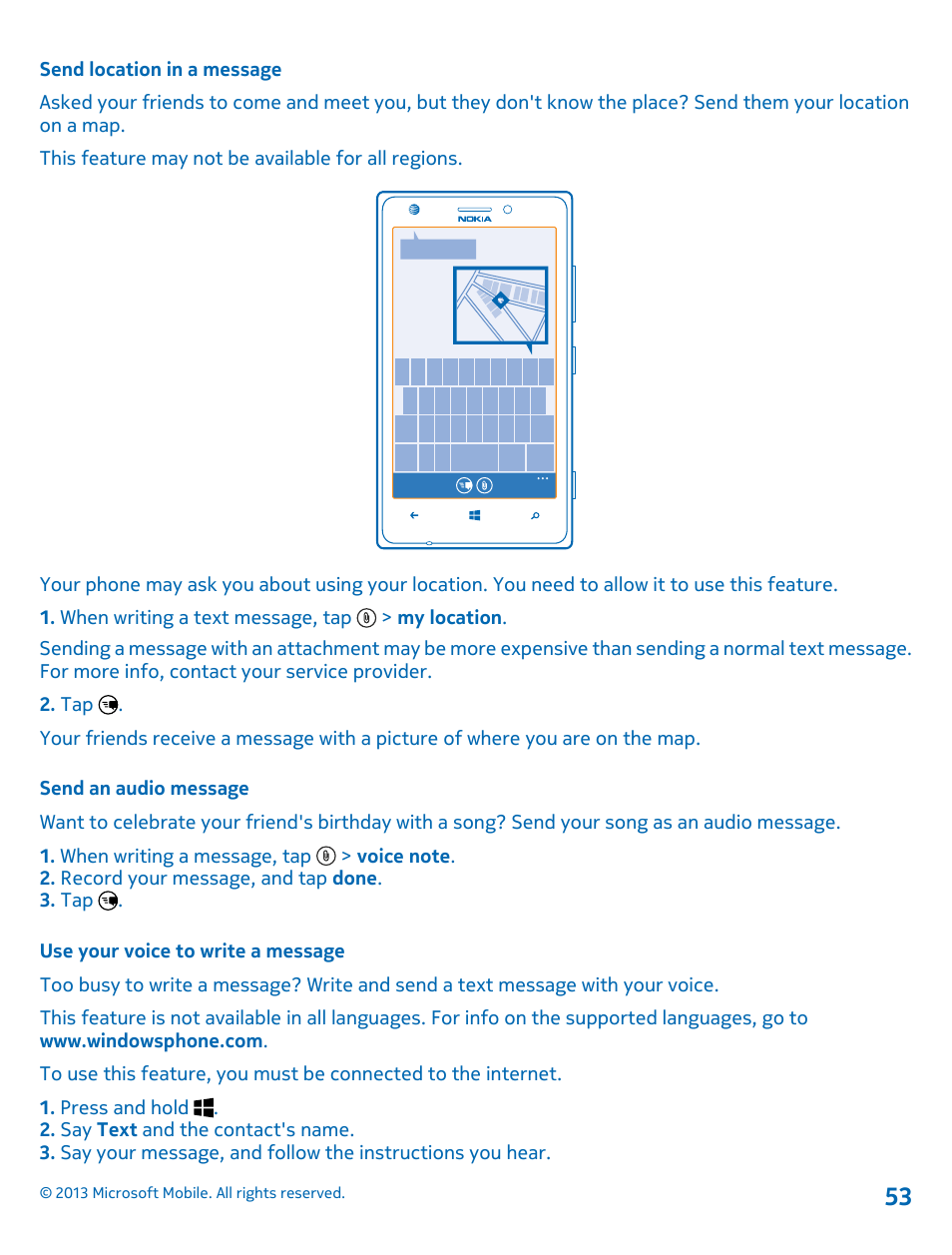 Send location in a message, Send an audio message, Use your voice to write a message | Nokia Lumia 925 User Manual | Page 53 / 123