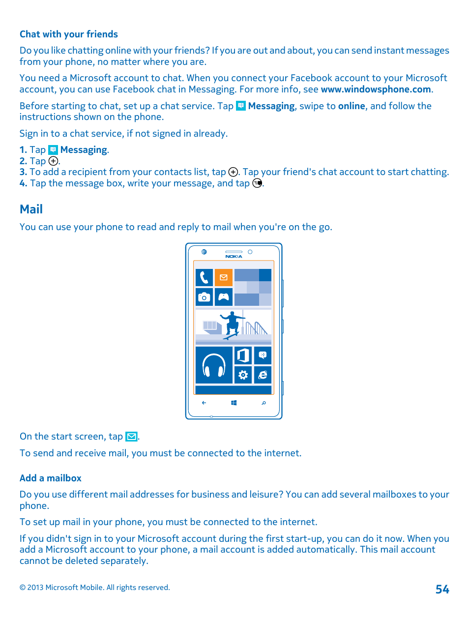 Chat with your friends, Mail, Add a mailbox | Nokia Lumia 925 User Manual | Page 54 / 123