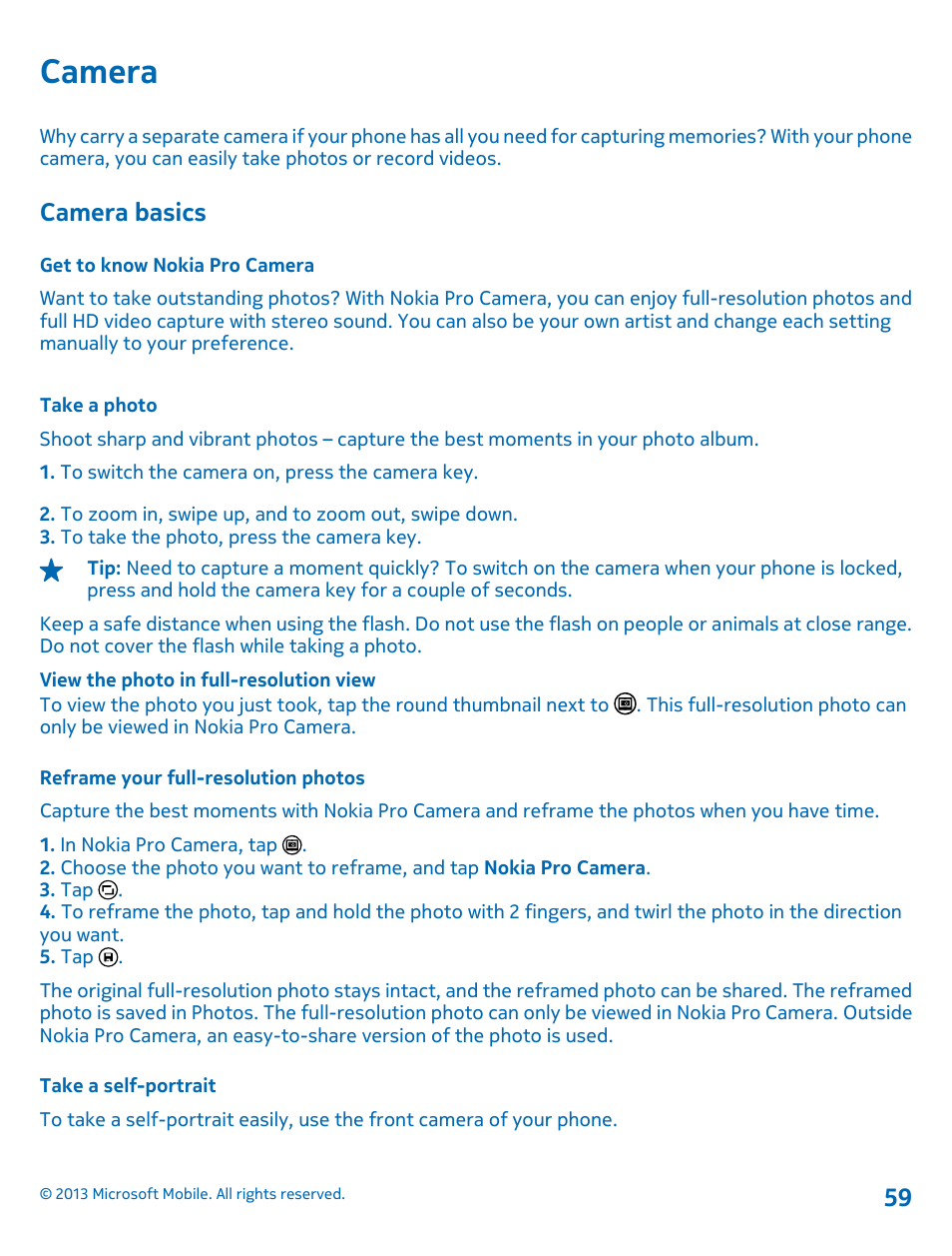 Camera, Camera basics, Get to know nokia pro camera | Take a photo, Reframe your full-resolution photos, Take a self-portrait | Nokia Lumia 925 User Manual | Page 59 / 123