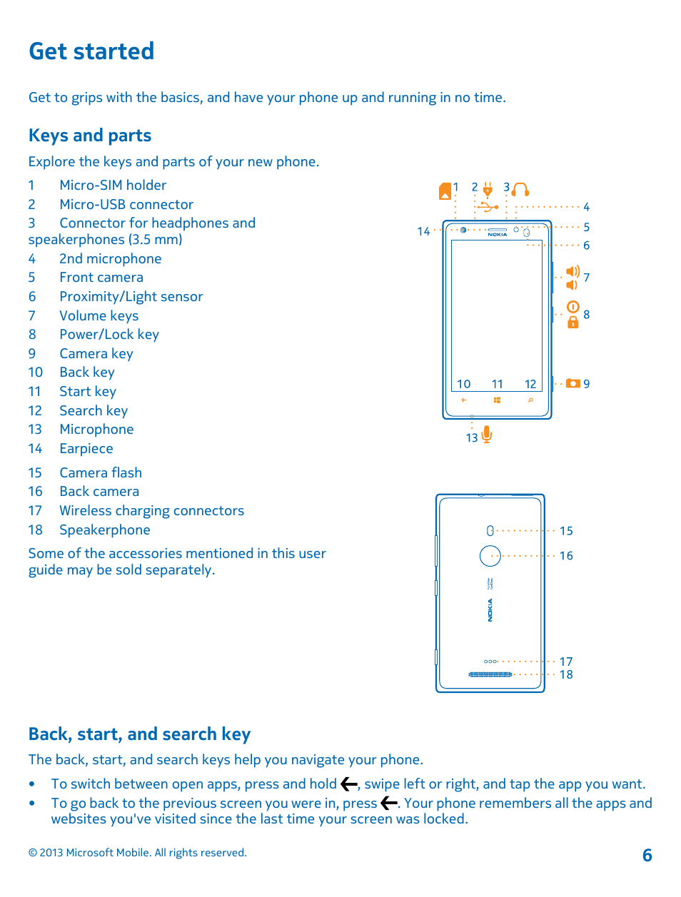 Get started, Keys and parts, Back, start, and search key | Nokia Lumia 925 User Manual | Page 6 / 123
