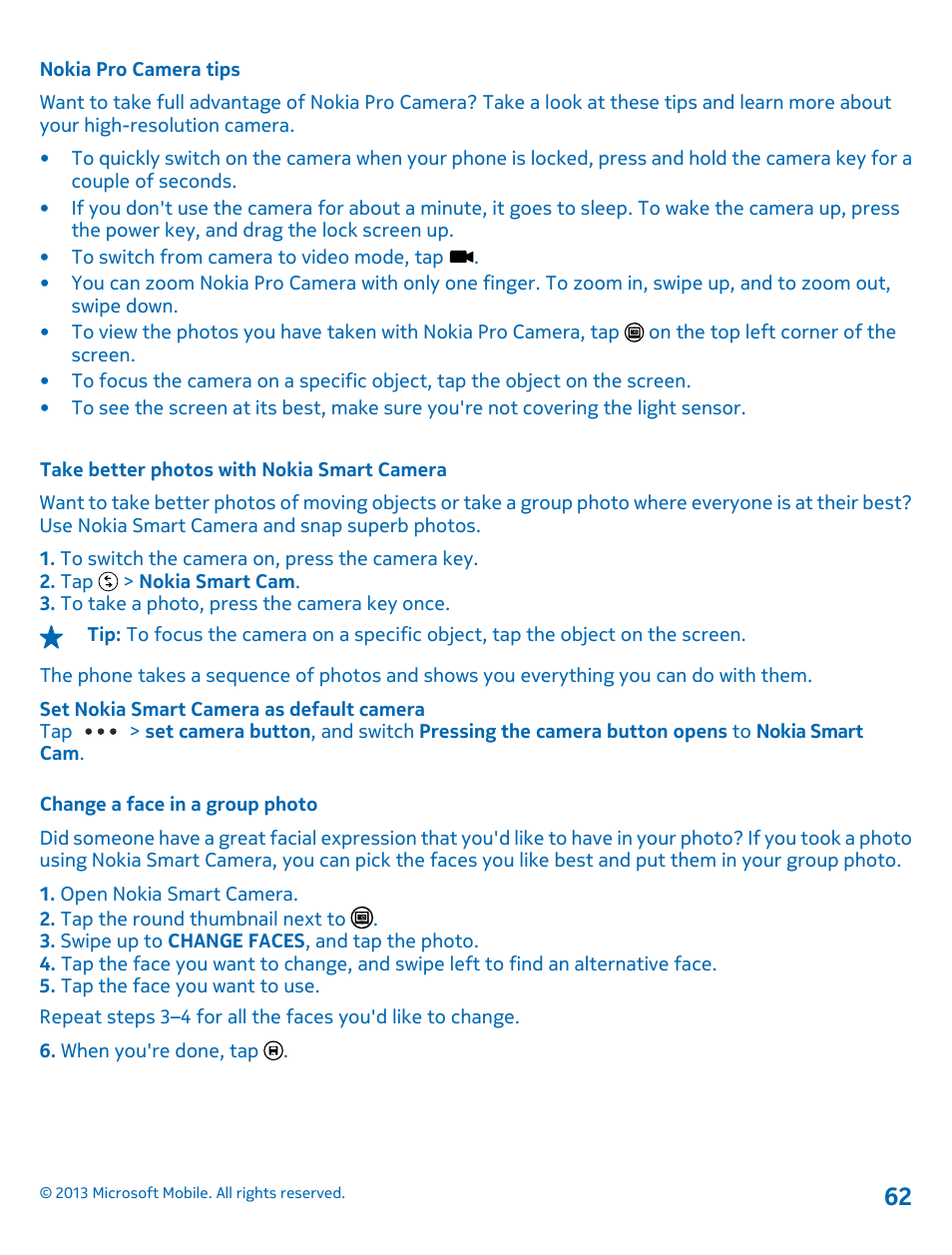 Nokia pro camera tips, Take better photos with nokia smart camera, Change a face in a group photo | Nokia Lumia 925 User Manual | Page 62 / 123