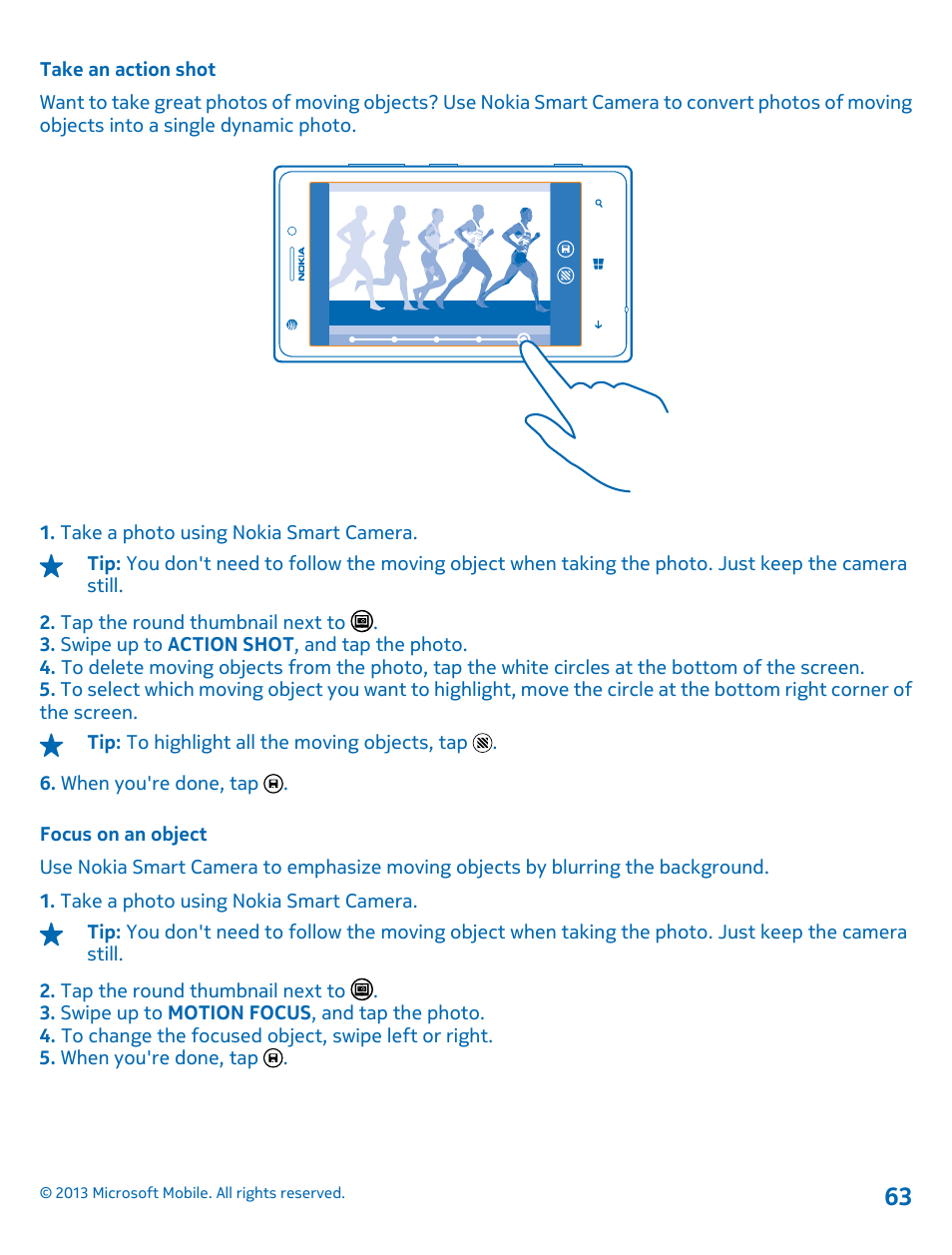 Take an action shot, Focus on an object | Nokia Lumia 925 User Manual | Page 63 / 123