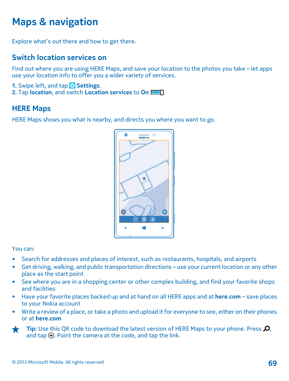 Maps & navigation, Switch location services on, Here maps | Nokia Lumia 925 User Manual | Page 69 / 123