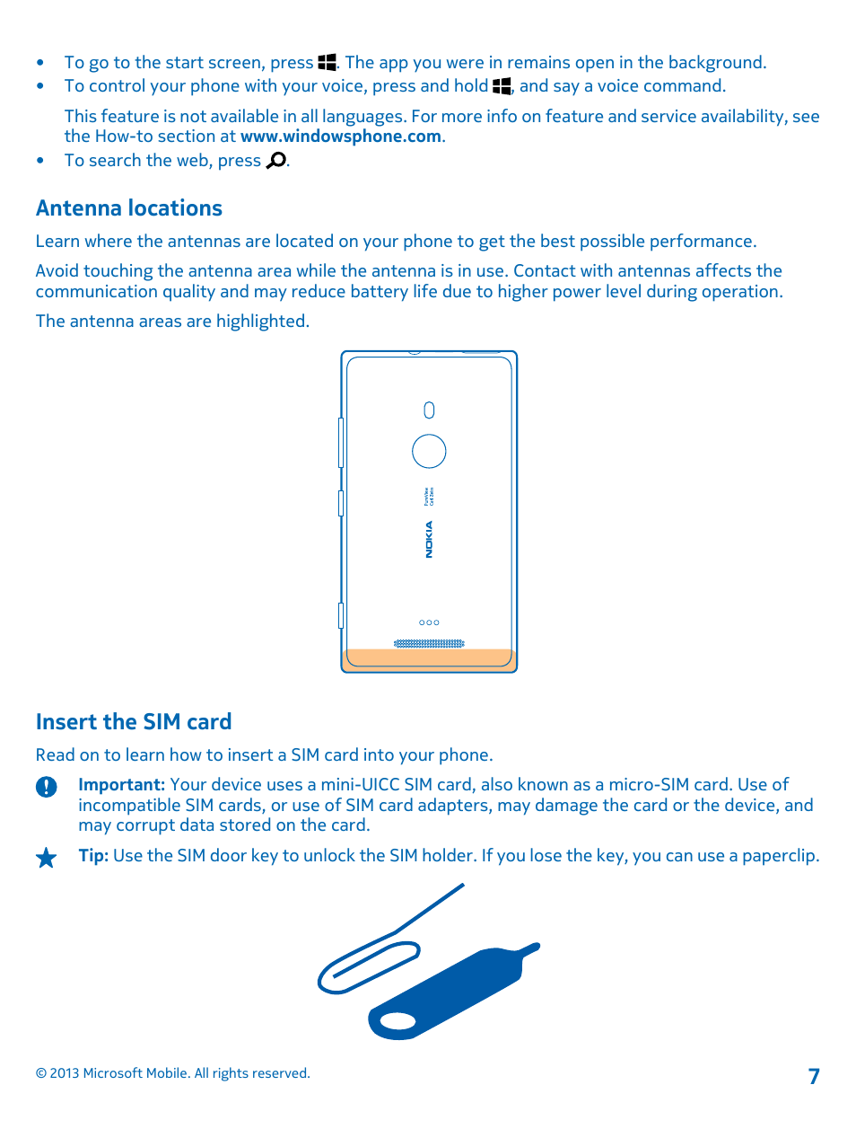 Antenna locations, Insert the sim card | Nokia Lumia 925 User Manual | Page 7 / 123
