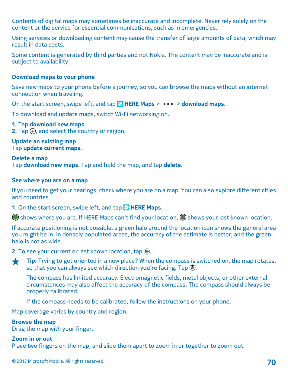 Download maps to your phone, See where you are on a map | Nokia Lumia 925 User Manual | Page 70 / 123