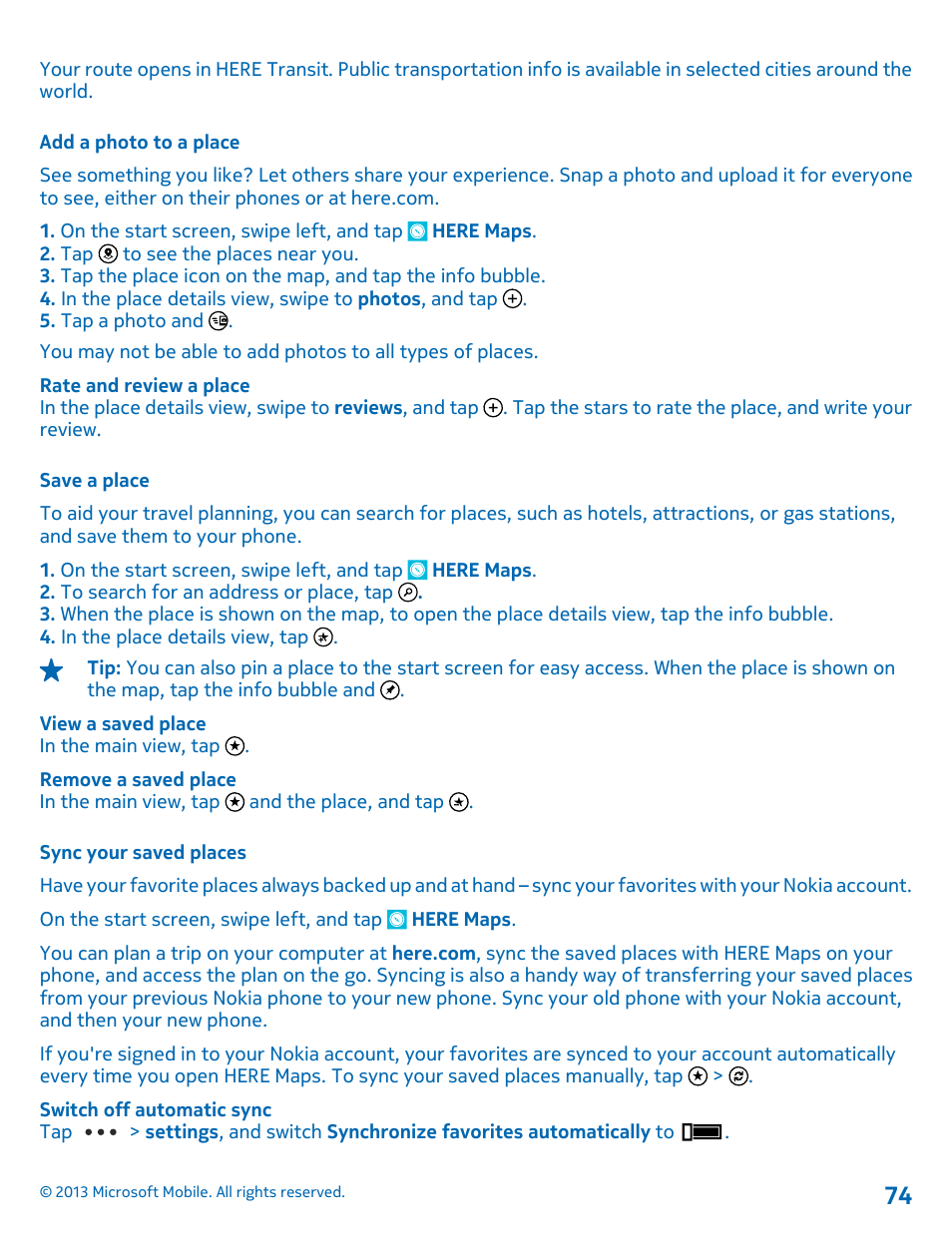 Add a photo to a place, Save a place, Sync your saved places | Nokia Lumia 925 User Manual | Page 74 / 123