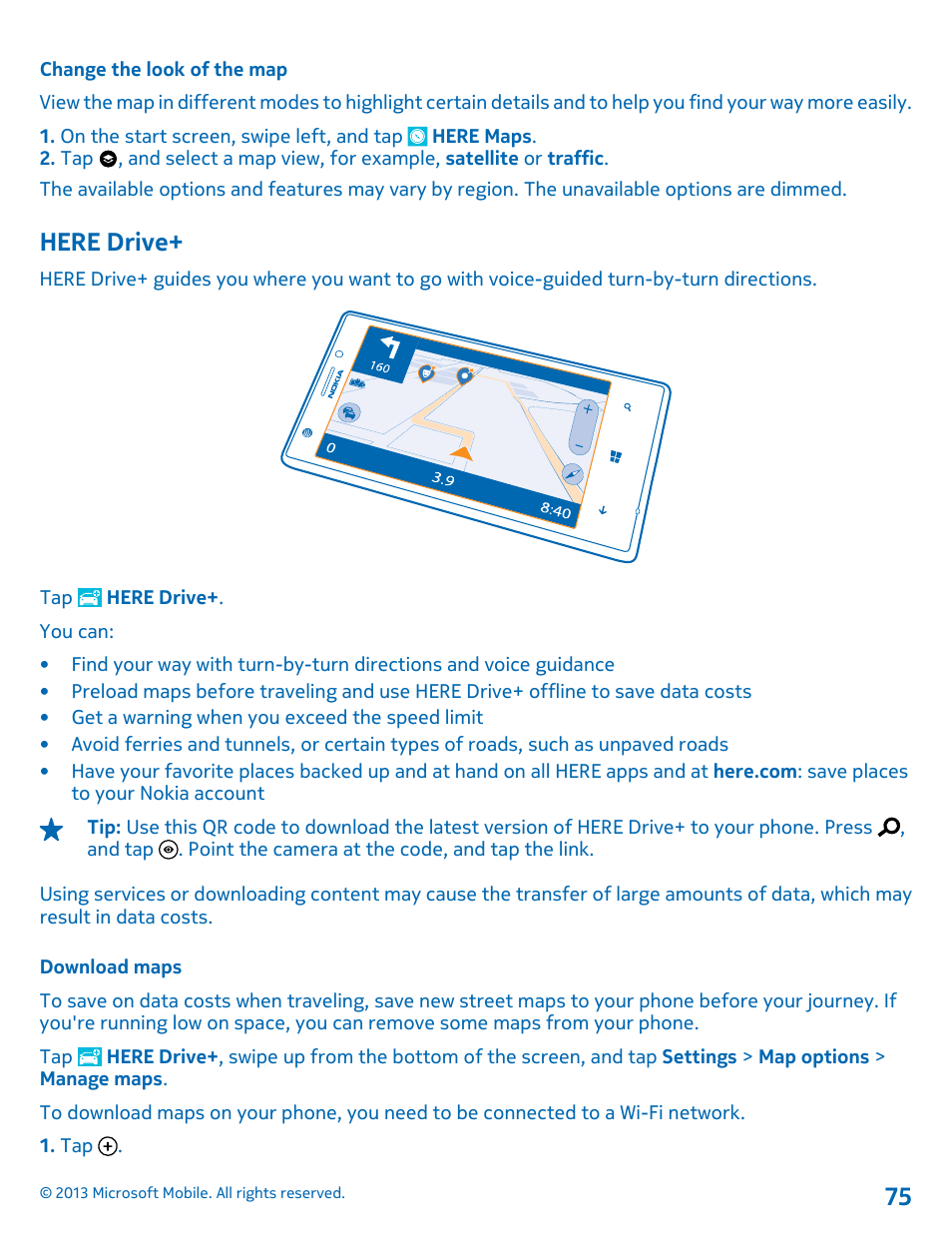 Change the look of the map, Here drive, Download maps | Nokia Lumia 925 User Manual | Page 75 / 123