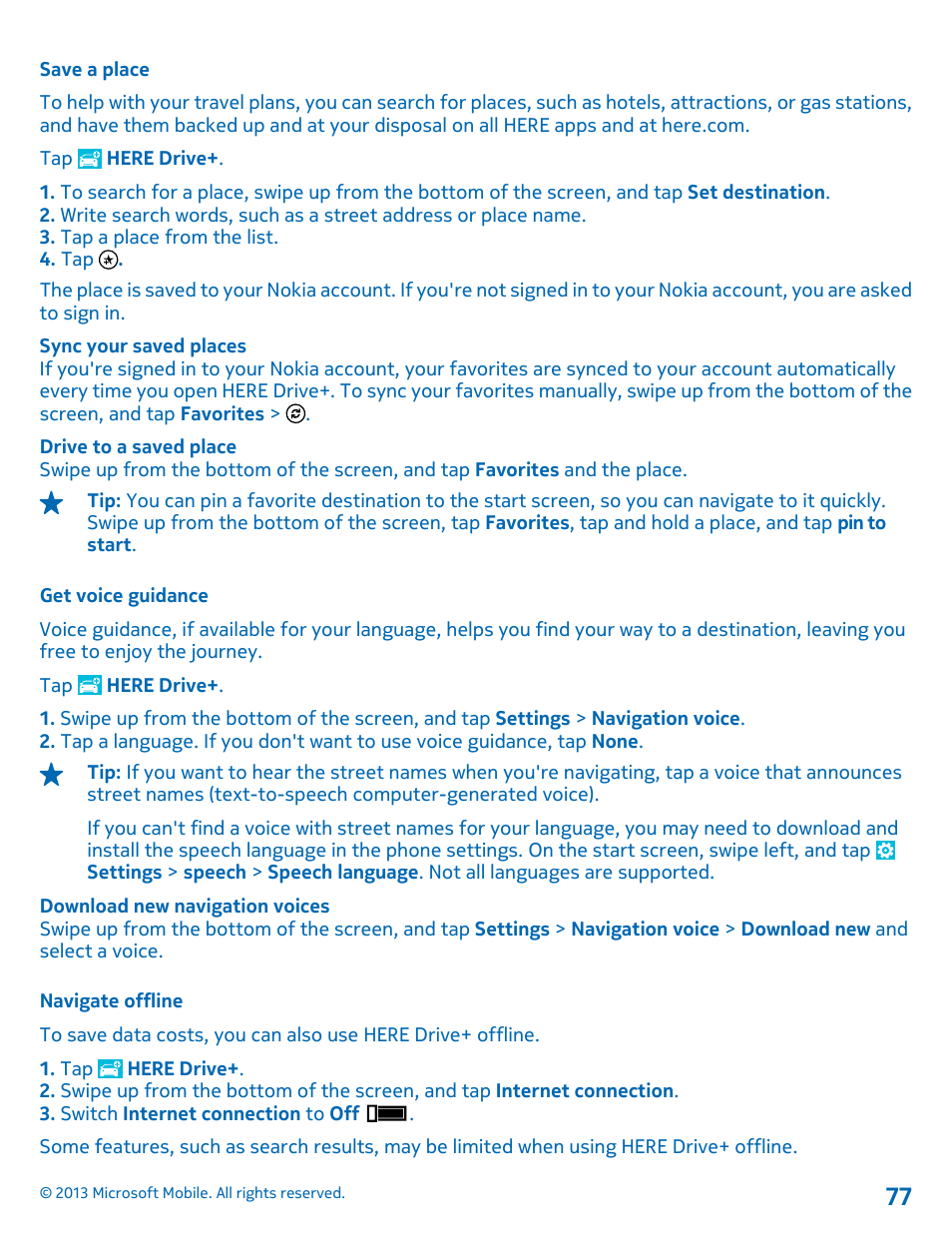 Save a place, Get voice guidance, Navigate offline | Nokia Lumia 925 User Manual | Page 77 / 123