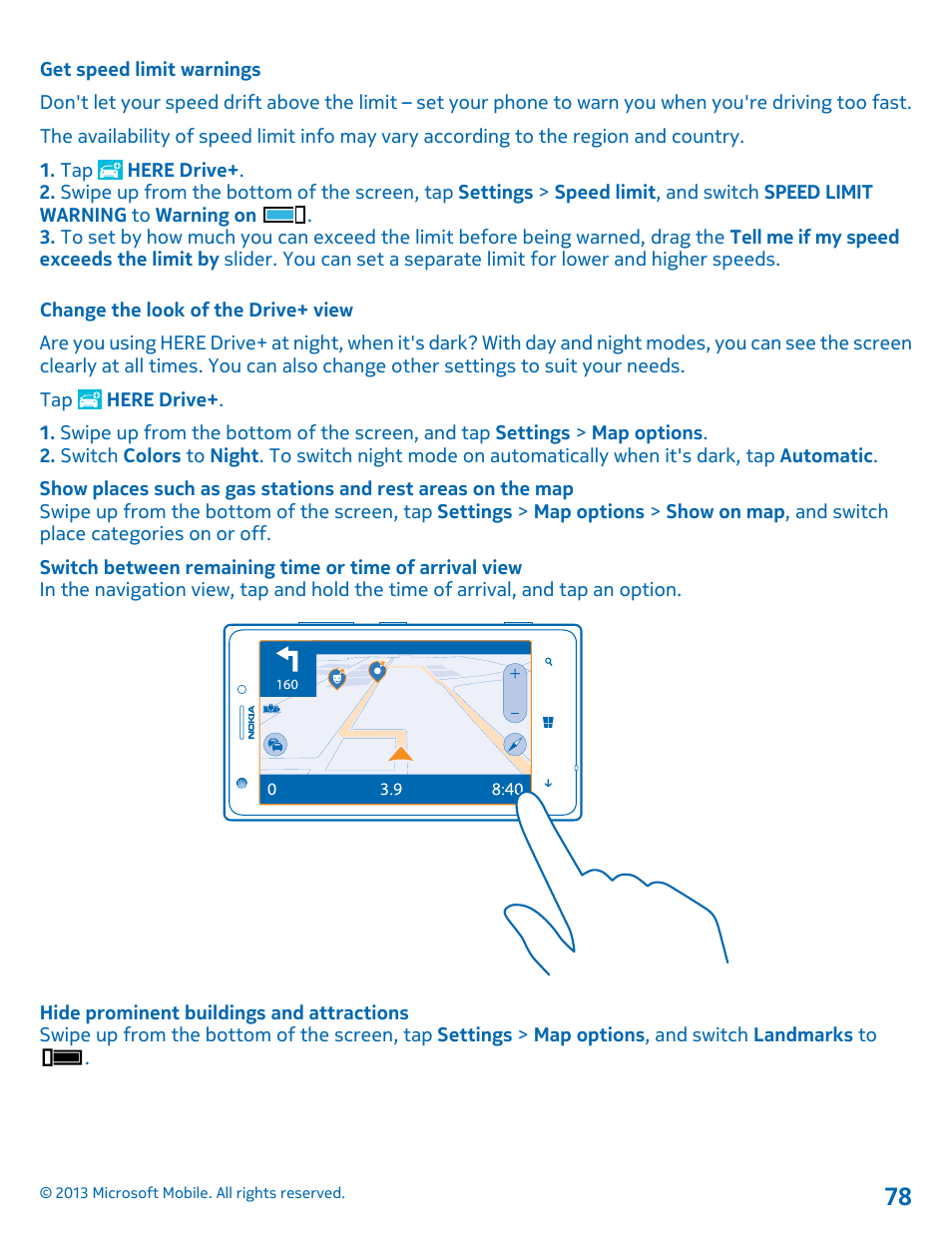 Get speed limit warnings, Change the look of the drive+ view | Nokia Lumia 925 User Manual | Page 78 / 123