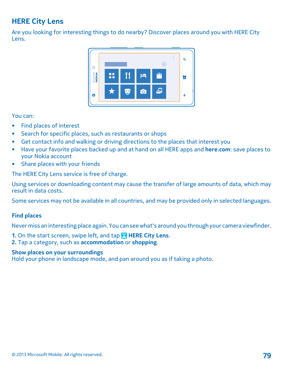 Here city lens, Find places | Nokia Lumia 925 User Manual | Page 79 / 123