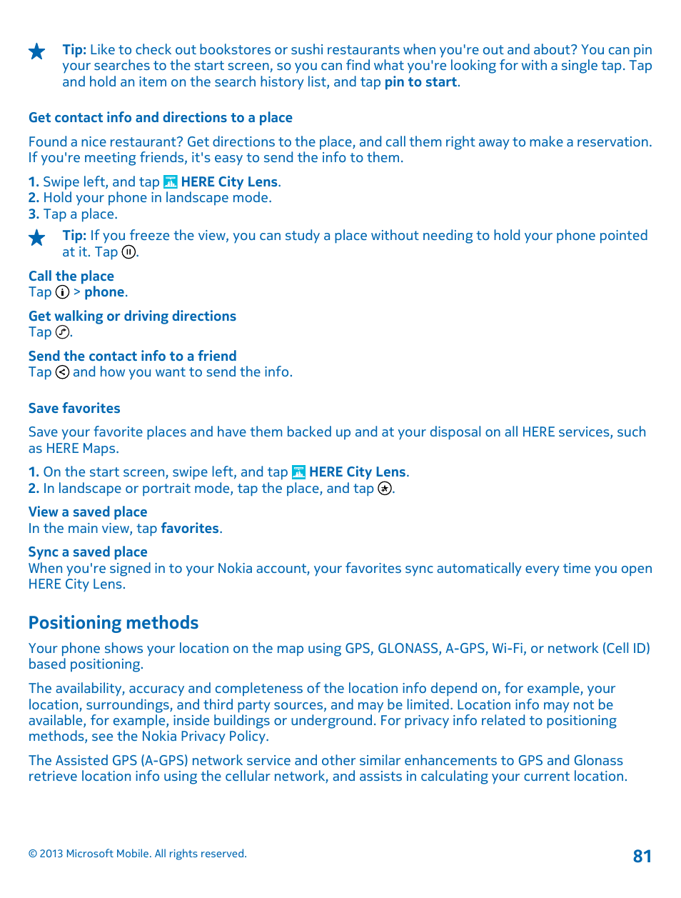 Get contact info and directions to a place, Save favorites, Positioning methods | Nokia Lumia 925 User Manual | Page 81 / 123