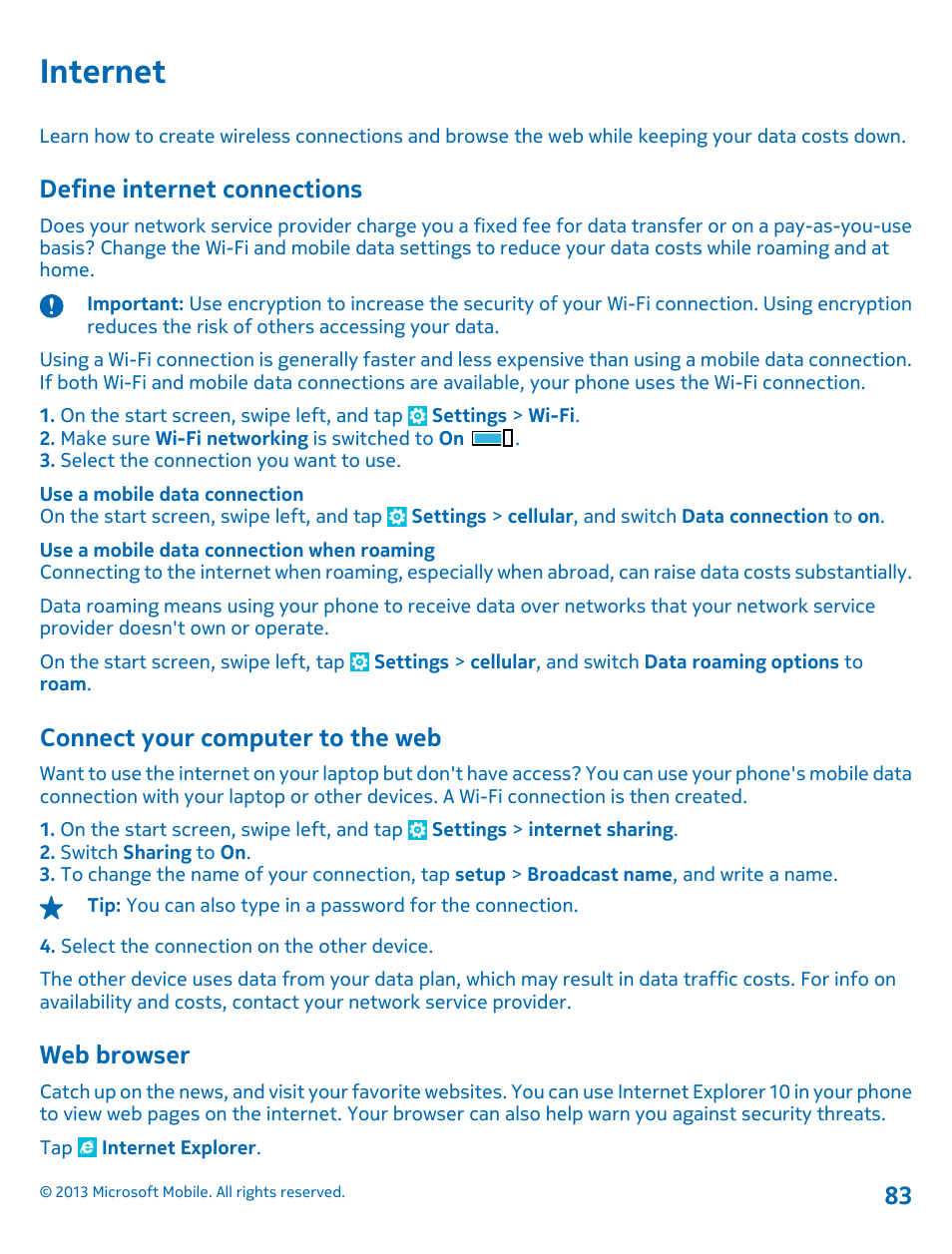 Internet, Define internet connections, Connect your computer to the web | Web browser | Nokia Lumia 925 User Manual | Page 83 / 123