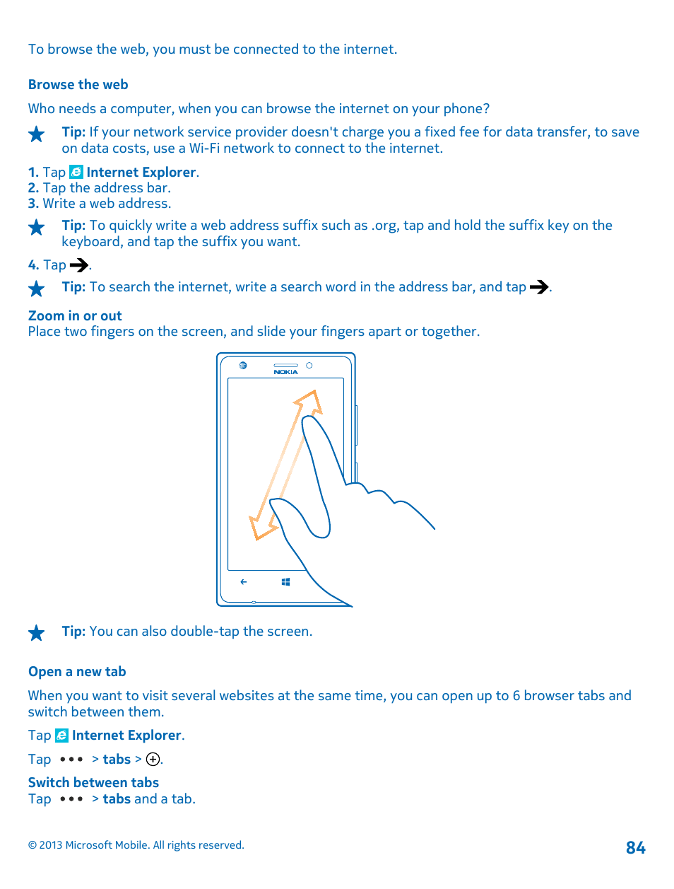 Browse the web, Open a new tab | Nokia Lumia 925 User Manual | Page 84 / 123