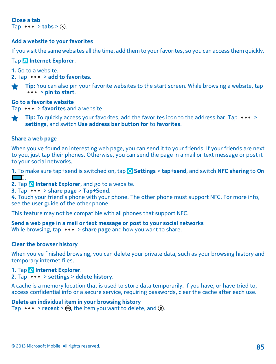 Add a website to your favorites, Clear the browser history | Nokia Lumia 925 User Manual | Page 85 / 123