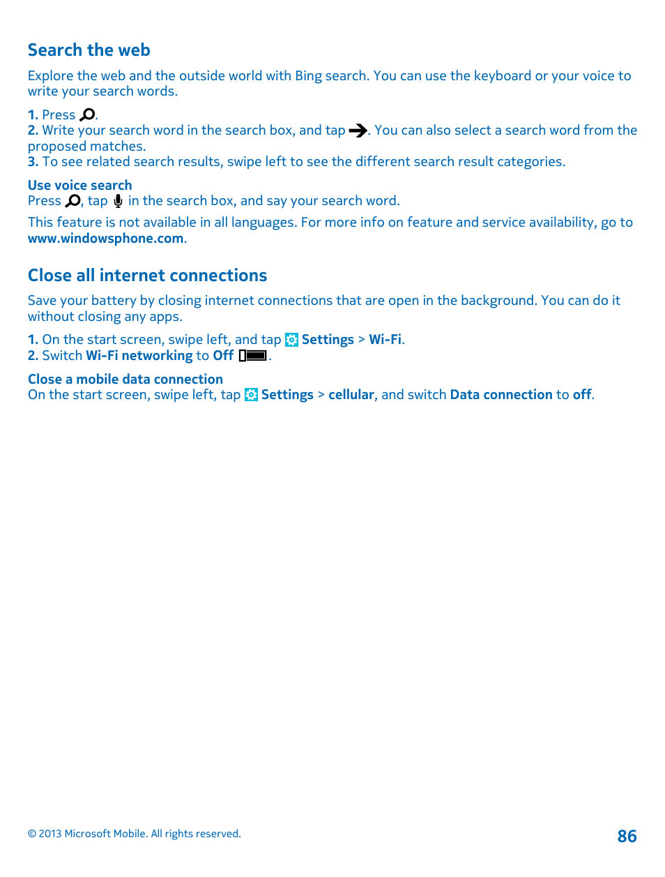 Search the web, Close all internet connections | Nokia Lumia 925 User Manual | Page 86 / 123