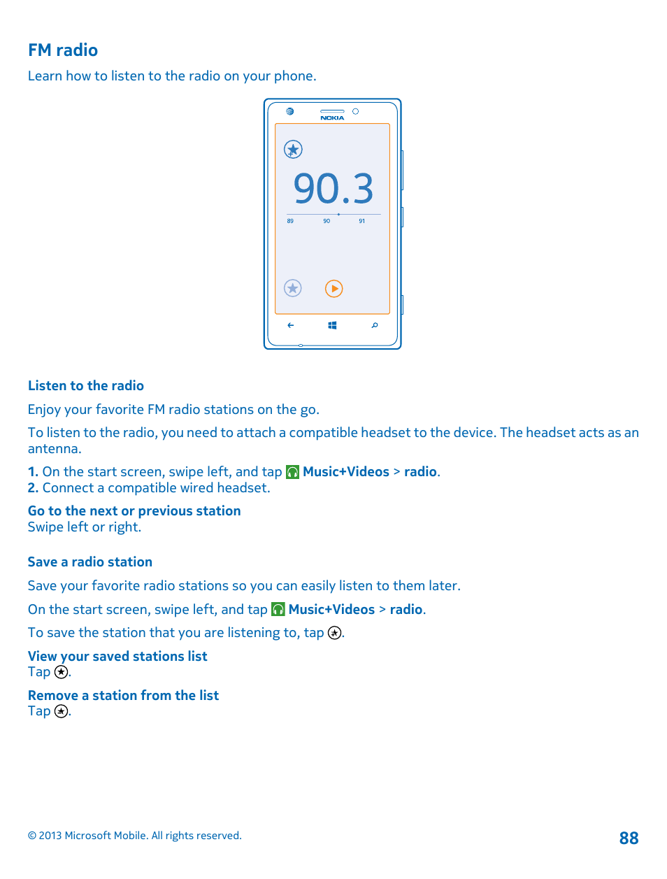 Fm radio, Listen to the radio, Save a radio station | Nokia Lumia 925 User Manual | Page 88 / 123