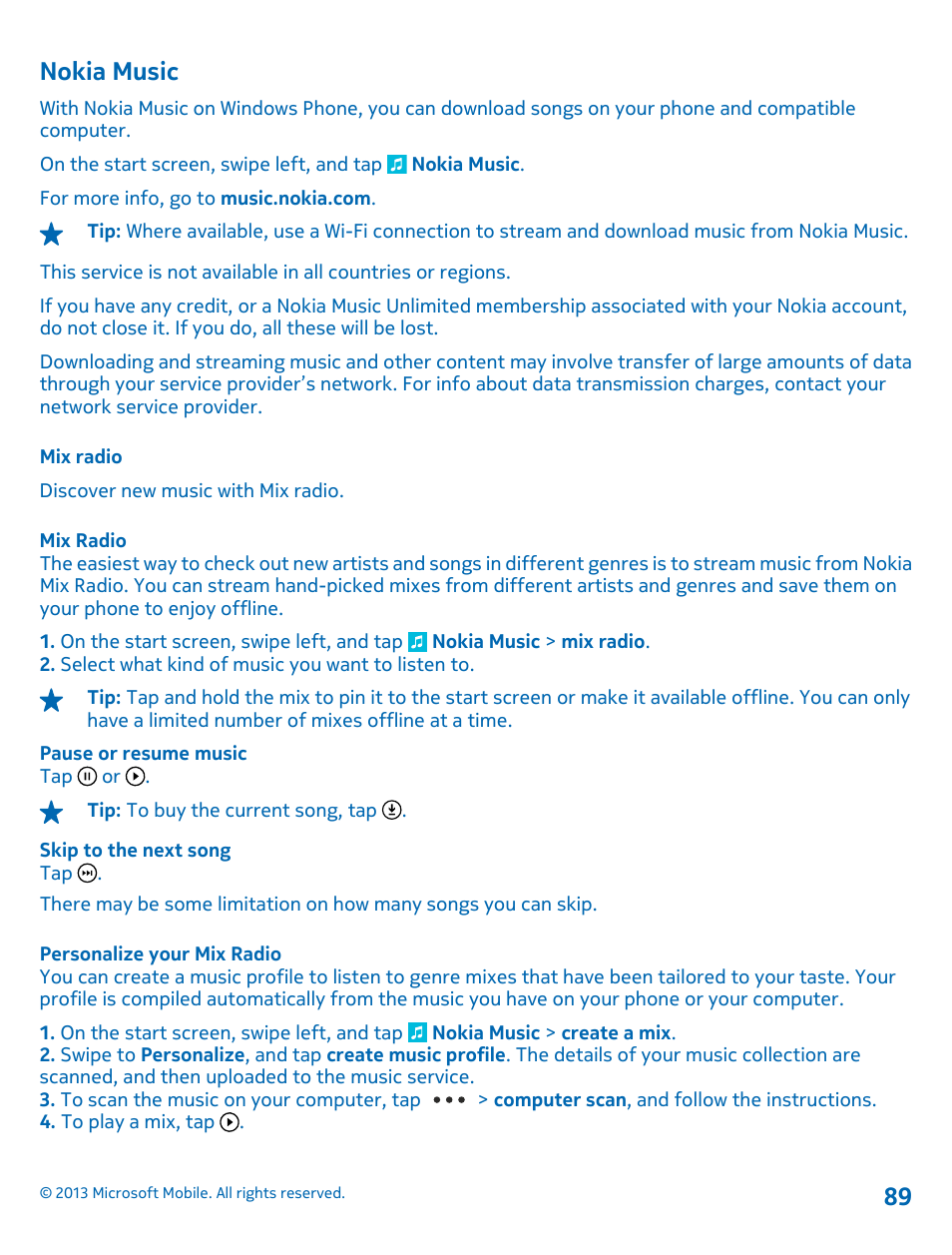 Nokia music, Mix radio, Personalize your mix radio | Nokia Lumia 925 User Manual | Page 89 / 123