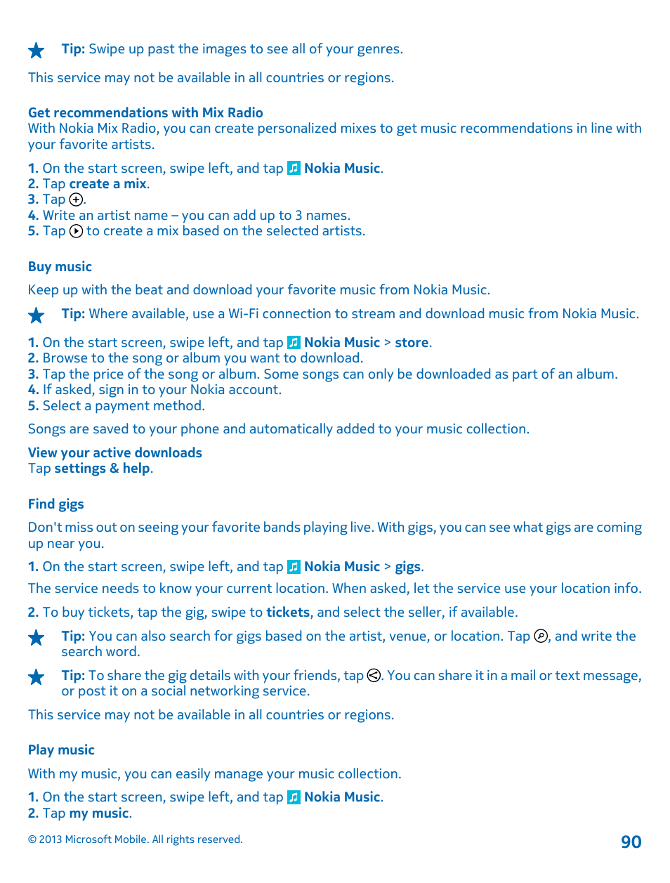 Get recommendations with mix radio, Buy music, Find gigs | Play music | Nokia Lumia 925 User Manual | Page 90 / 123