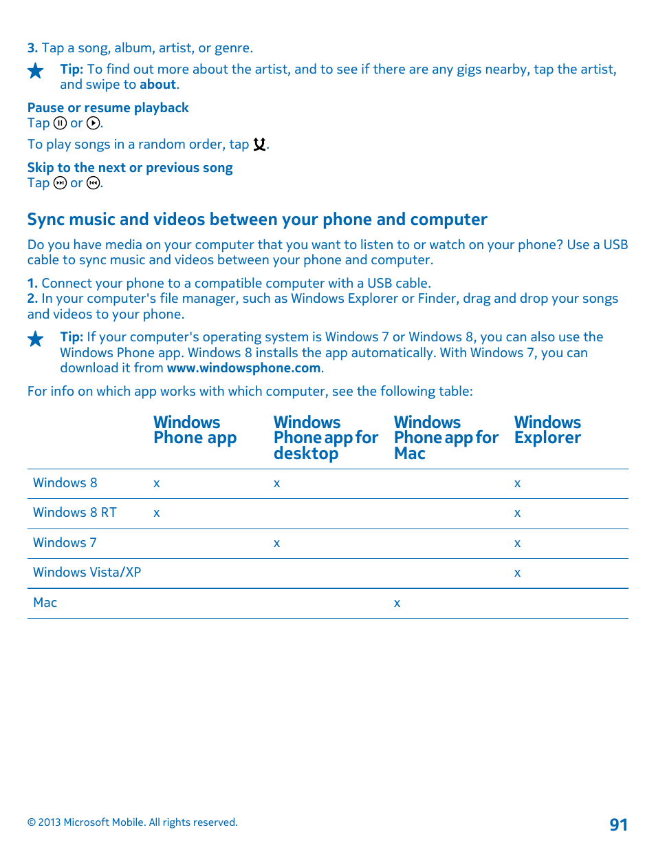 Sync music and videos between your, Phone and computer | Nokia Lumia 925 User Manual | Page 91 / 123