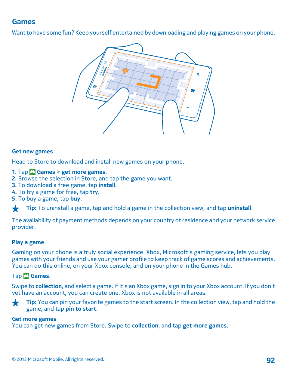 Games, Get new games, Play a game | Nokia Lumia 925 User Manual | Page 92 / 123