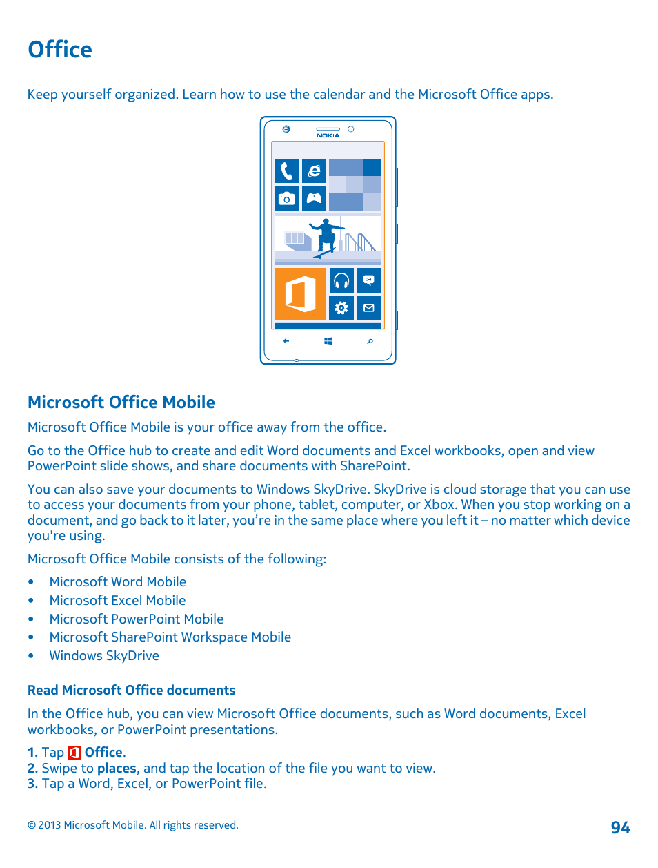 Office, Microsoft office mobile, Read microsoft office documents | Nokia Lumia 925 User Manual | Page 94 / 123