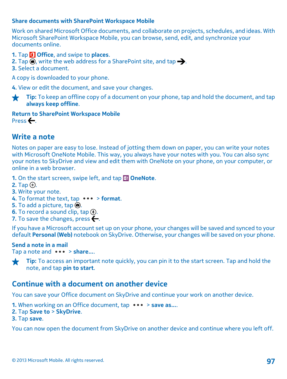 Share documents with sharepoint workspace mobile, Write a note, Continue with a document on another device | Continue with a document on another, Device | Nokia Lumia 925 User Manual | Page 97 / 123