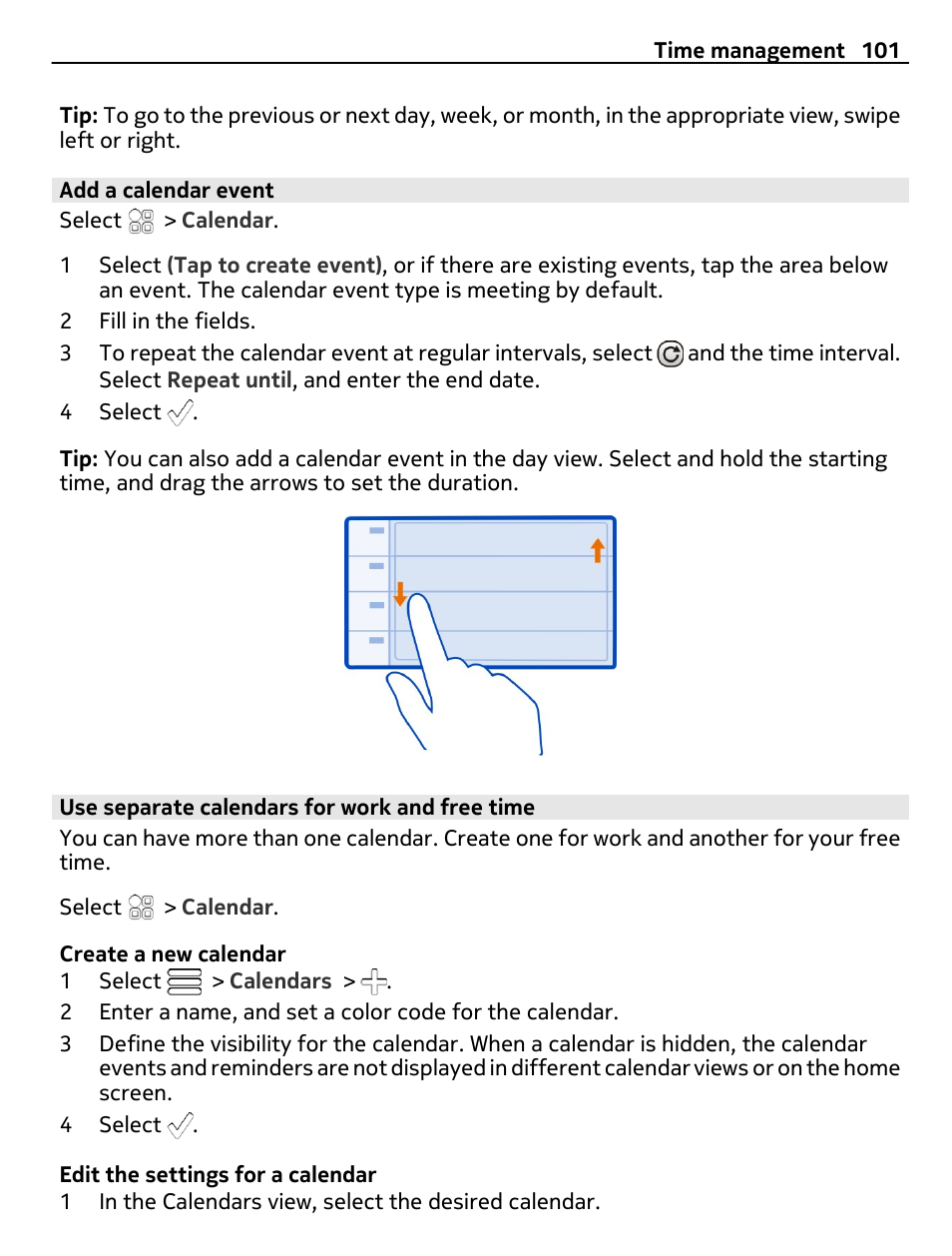 Add a calendar event, Use separate calendars for work and free time | Nokia C7 User Manual | Page 101 / 138