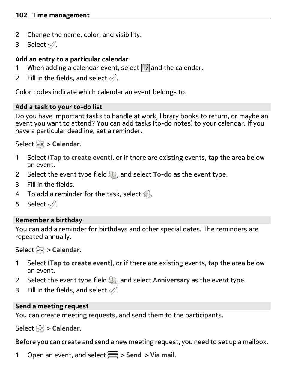 Add a task to your to-do list, Remember a birthday, Send a meeting request | Nokia C7 User Manual | Page 102 / 138