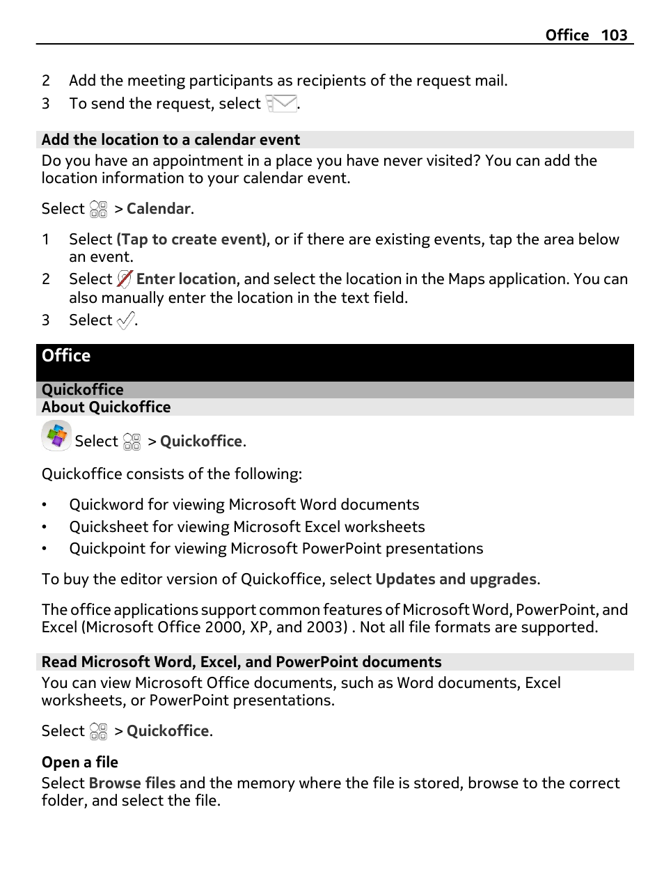 Add the location to a calendar event, Office, Quickoffice | About quickoffice | Nokia C7 User Manual | Page 103 / 138