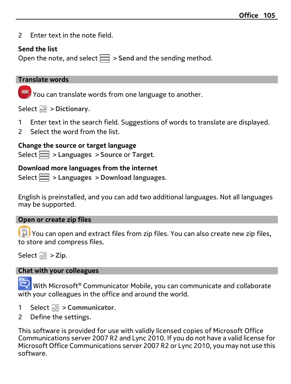 Translate words, Open or create zip files, Chat with your colleagues | Nokia C7 User Manual | Page 105 / 138