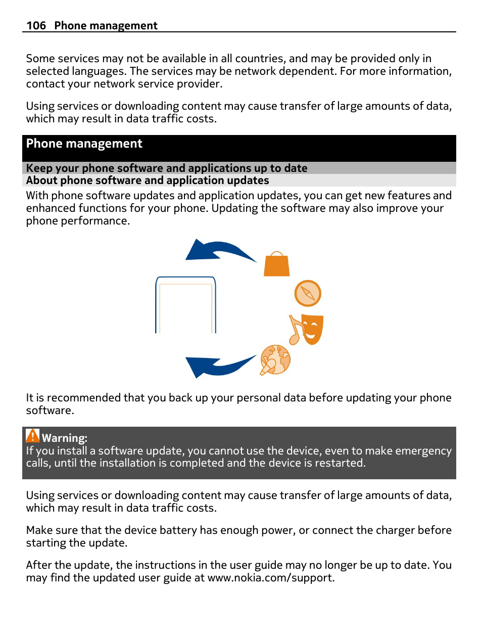 Phone management, About phone software and application updates, Keep your phone software and | Applications up to date | Nokia C7 User Manual | Page 106 / 138